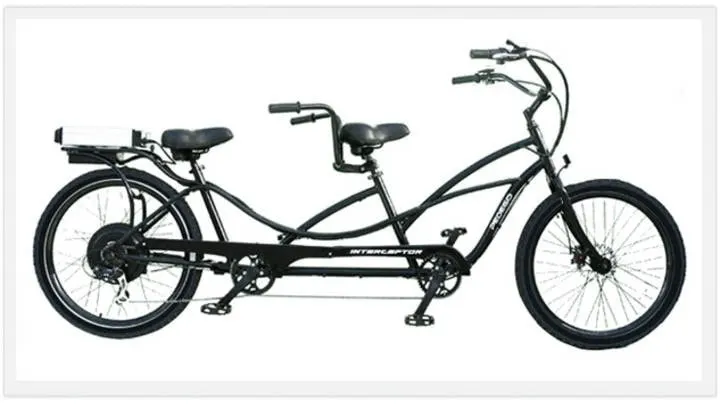 Black electric two-seat tandem with a visible rear battery rack