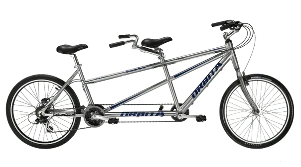 Silver two-seat tandem bicycle shown from the side